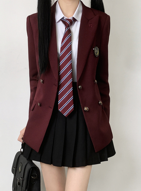 木村叔dk日系原创酒红色西服女学生制服春秋季六粒双排扣西装外套