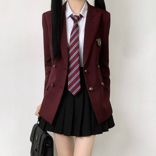木村叔dk日系原创酒红色西服女学生制服春秋季六粒双排扣西装外套