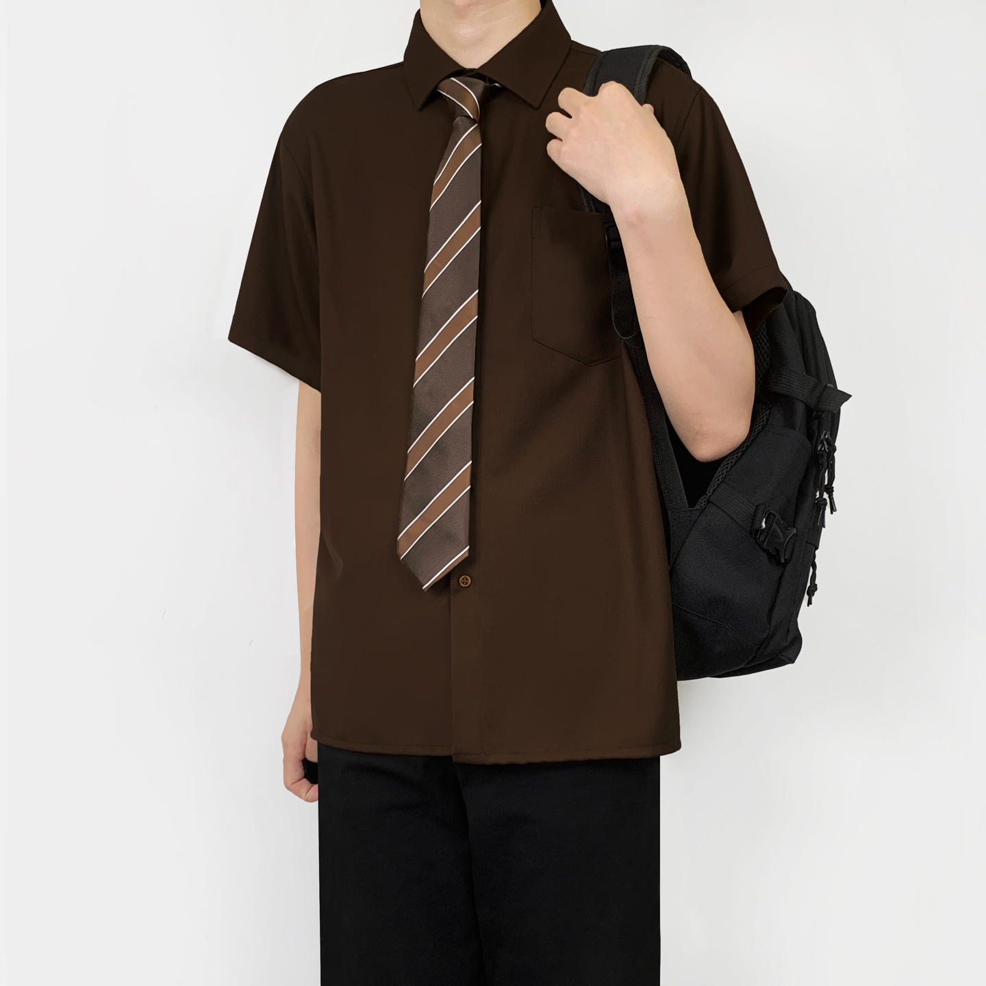 木村叔dk制服日系深咖色短袖衬衫男夏季学院风衬衣免烫抗皱上衣服