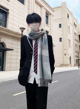 木村叔dk日系灰蓝格围巾男秋冬季新款百搭氛围感学生保暖围脖