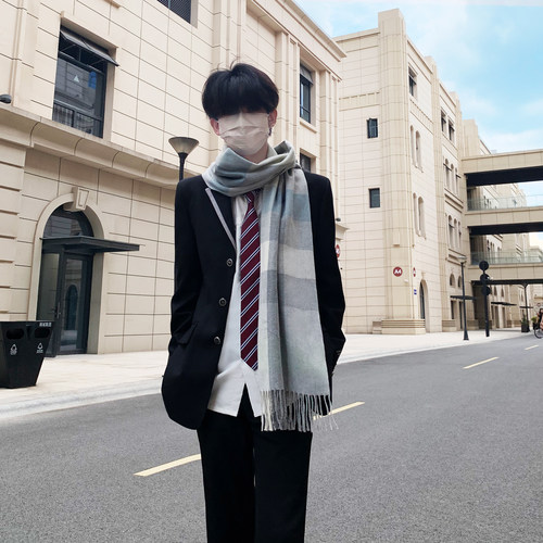 木村叔dk日系灰蓝格围巾男秋冬季新款百搭氛围感学生保暖围脖