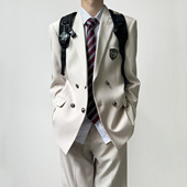 青少年双排扣西服套装 木村叔dk日系校供感米白色西装 制服男春秋季