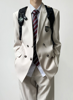 木村叔dk日系校供感米白色西装制服男春秋季青少年双排扣西服套装