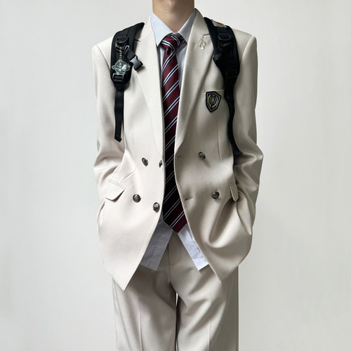 木村叔dk日系校供感米白色西装制服男春秋季青少年双排扣西服套装