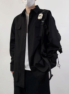木村叔dk日系原创长袖衬衫男士春秋季学生工装多口袋黑色衬衣外套