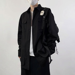 木村叔dk日系原创长袖衬衫男士春秋季学生工装多口袋黑色衬衣外套