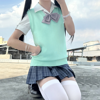 木村叔jk制服薄荷绿针织上衣女秋冬季学院风女生内搭叠穿V领毛衣