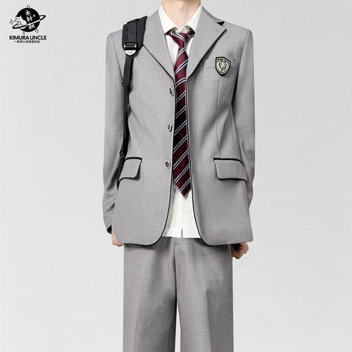 木村叔dk日系原创白条包边线灰色西服外套秋季平驳领商务正装西服