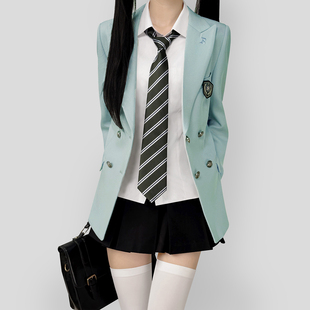 木村叔jk原创制服浅薄荷绿西服女生春秋季学院风校供感双排扣西装