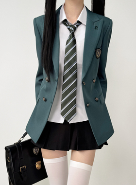 木村叔jk原创制服深薄荷绿西服女生春秋季学院风校供感双排扣西装