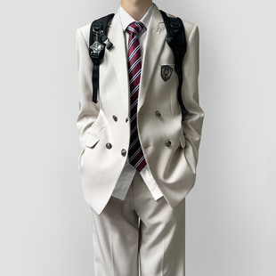 木村叔dk日系校供感米白色西装制服男春秋季青少年双排扣西服套装
