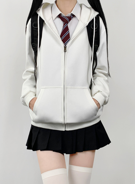 木村叔jk制服白色连帽卫衣外套女秋冬季美式休闲拉链开衫纯色上衣