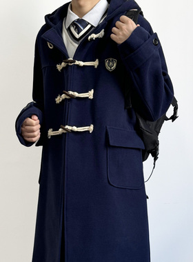 木村叔dK日系牛角扣毛呢大衣男女学生藏青绀色连帽中长款呢子外套