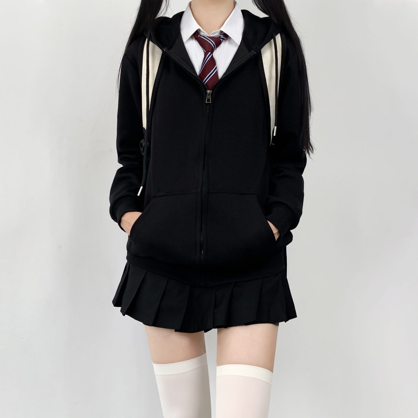 木村叔jk制服黑色连帽卫衣外套女秋冬季宽松拉链款开衫情侣款上衣