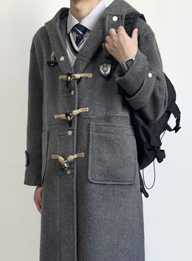 木村叔dk日系连帽灰色牛角扣羊毛大衣男生校供学院风毛呢长款外套