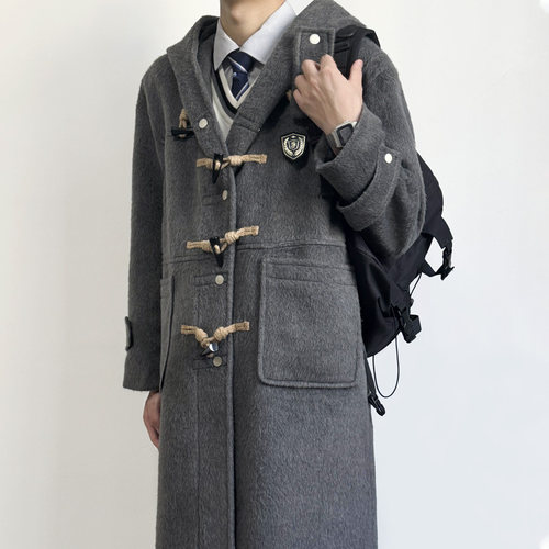 木村叔日系连帽牛角扣羊毛大衣