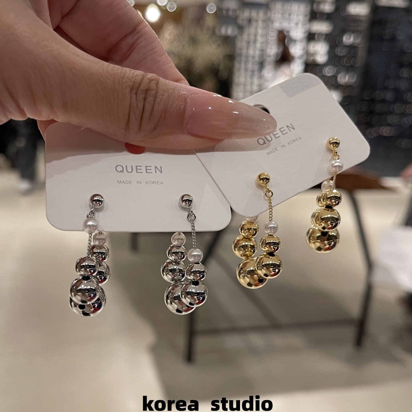 QUEEN金属圆珠珍珠流苏耳钉小众