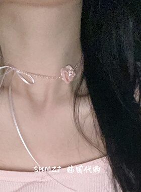 温柔粉玫瑰蝴蝶结choker女锁骨链