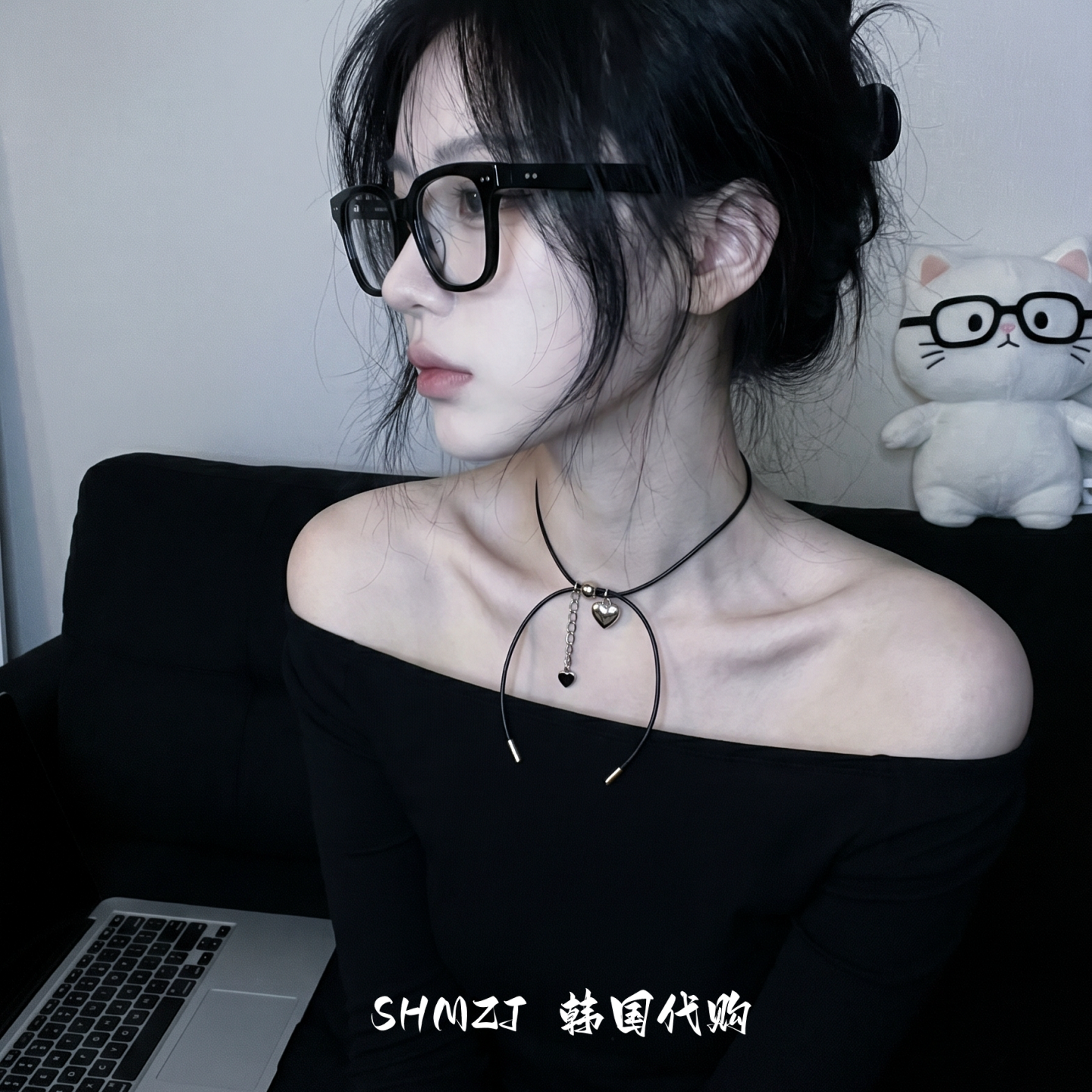 韩国黑色细皮绳爱心吊坠颈链