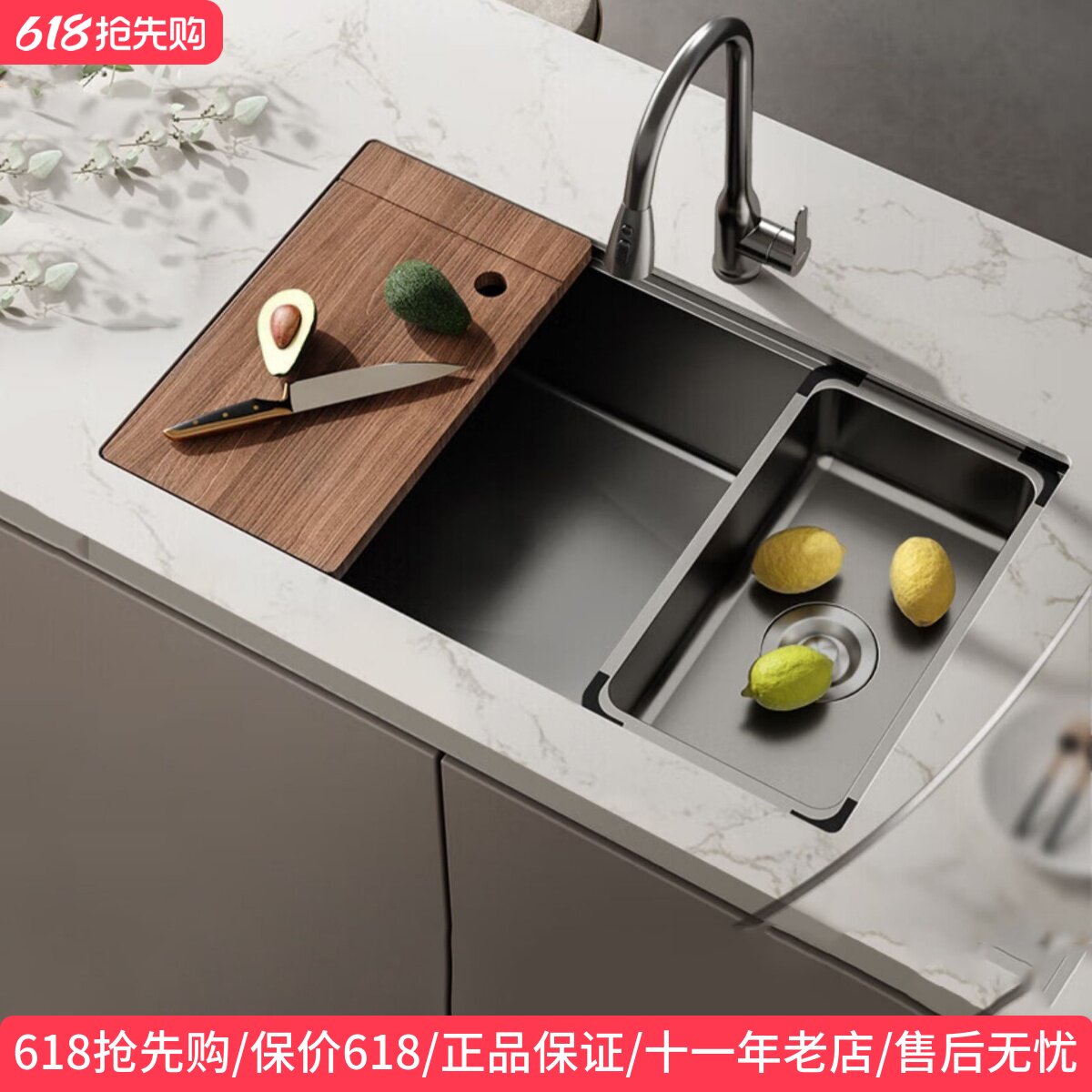 箭牌洗菜盆枪灰纳米水槽厨房家用台下盆不锈钢加厚手工极窄大单槽