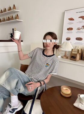 bluetree高品质条纹打底衫女2026夏季新款宽松显瘦卡通减龄上衣潮