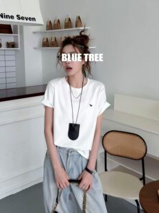 bluetree高品质打底衫女纯色简约卡通刺绣圆领短袖T恤2026夏新款