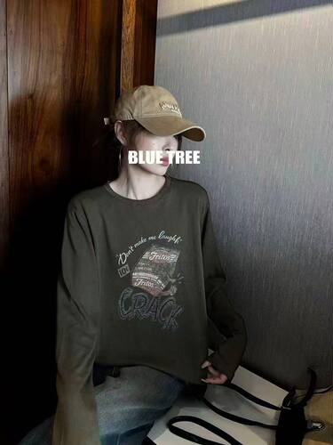Bluetree2026秋季新款韩版宽松显瘦印花圆领长袖T恤女打底衫上衣