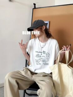 bluetree短袖T恤女夏季2026新款刺绣卡通圆领正肩宽松显瘦上衣潮