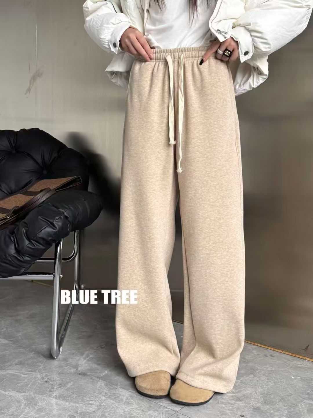 bluetree2025冬季新款加绒加厚卫裤女宽松显瘦百搭休闲阔腿长裤子