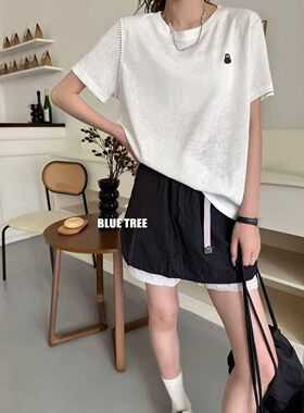 bluetree高品质打底衫女撞色卡通刺绣圆领短袖T恤2026夏季新款潮