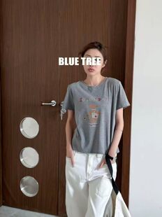bluetree简约打底衫女绵软垂顺卡通刺绣圆领短袖T恤2026夏季新款