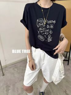 bluetree高品质简约打底衫女绵软垂顺卡通刺绣圆领短袖T恤2026夏
