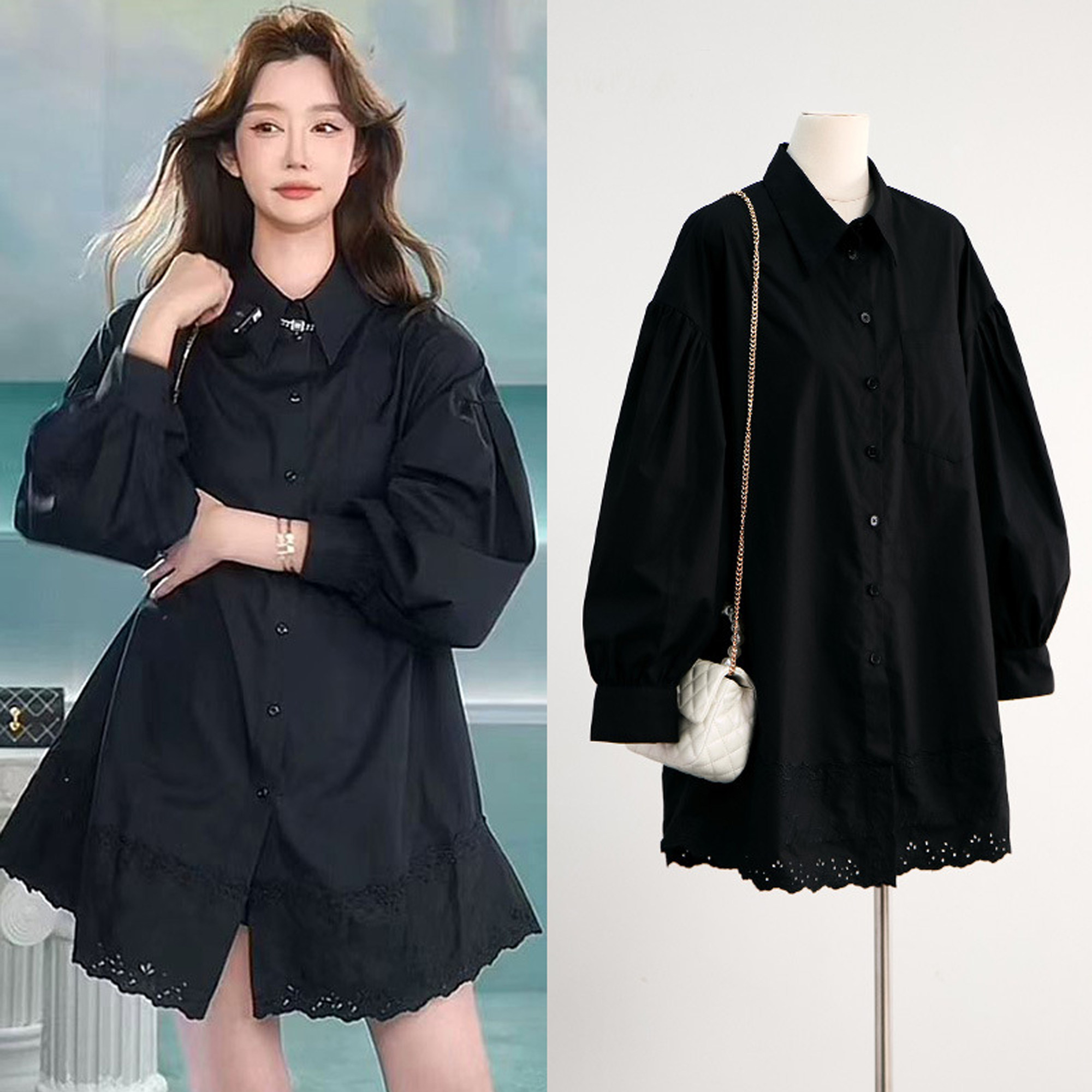 现货曼曼网红同款宽松慵懒风黑色拼接蕾丝衬衫复古叠穿设计感上衣