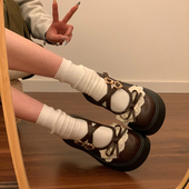 女2026年春季 新款 配裙子法式 棕色厚底蝴蝶结花边小皮鞋 玛丽珍单鞋