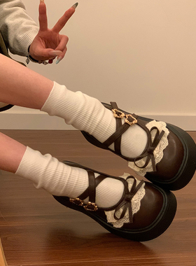 棕色厚底蝴蝶结花边小皮鞋女2026年春季新款配裙子法式玛丽珍单鞋