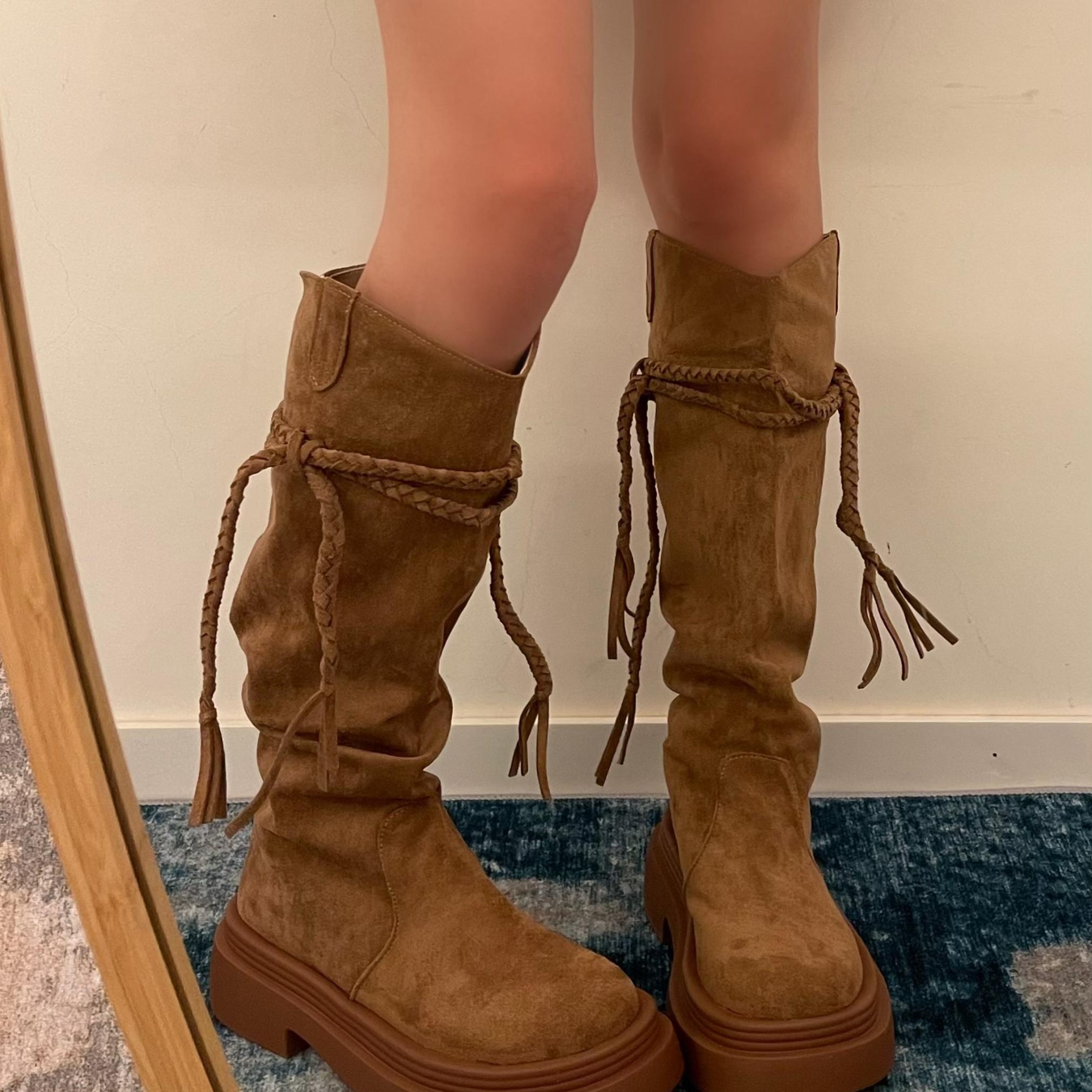 小sun家 秋季棕色流苏靴子复古废土骑士靴英伦学院堆堆中筒靴子女