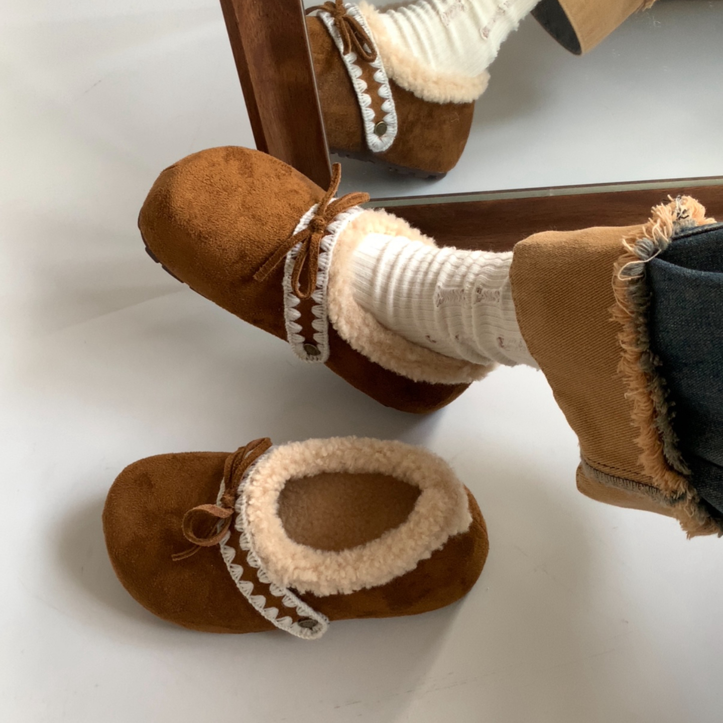 复古刺绣蝴蝶结厚底棉鞋