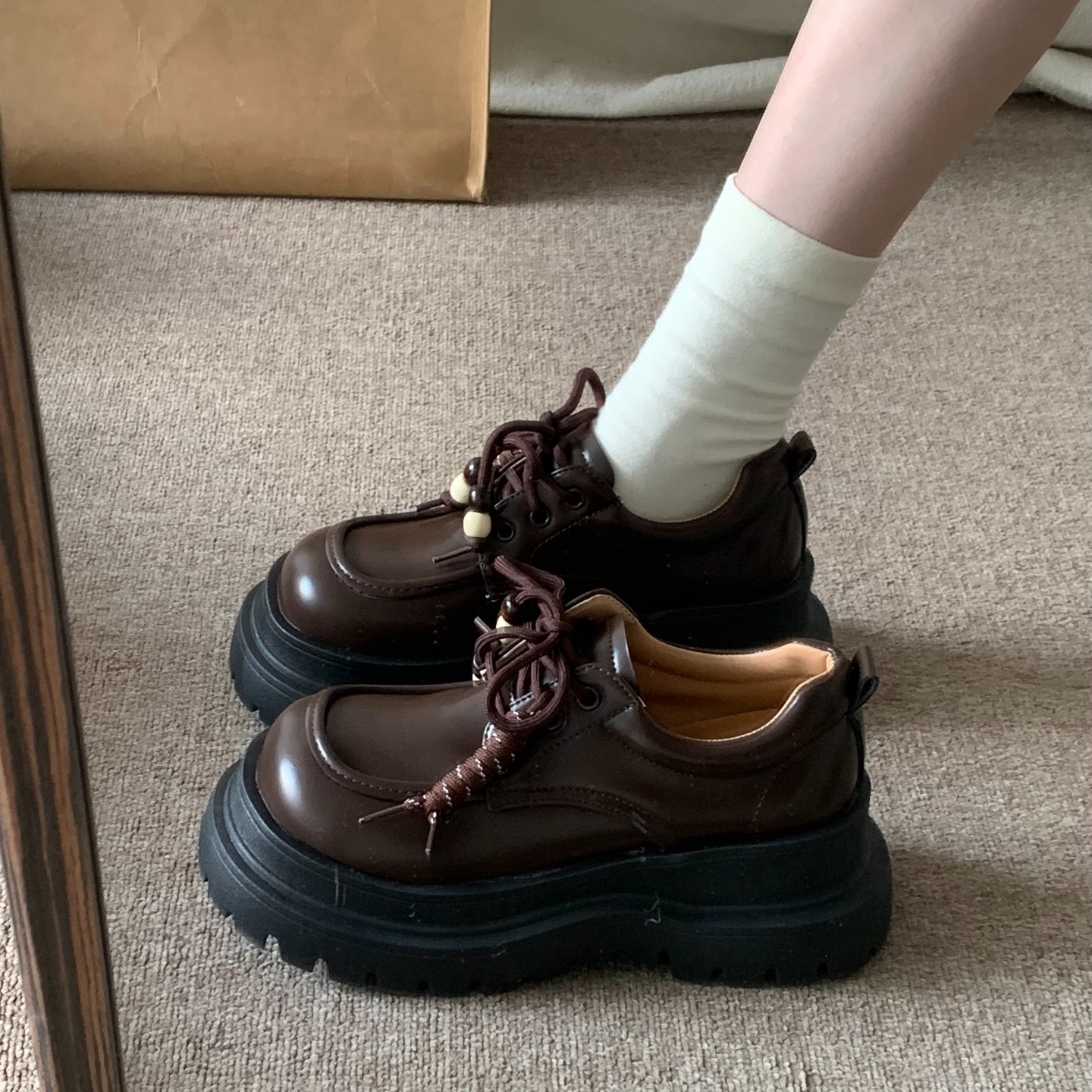 复古厚底增高棕色小皮鞋