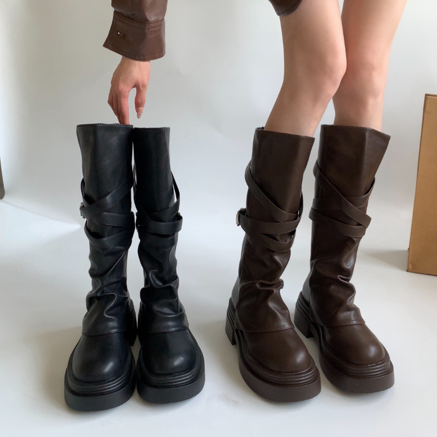 美拉德复古厚底长筒靴