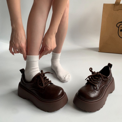 复古英伦风棕色松糕厚底小皮鞋