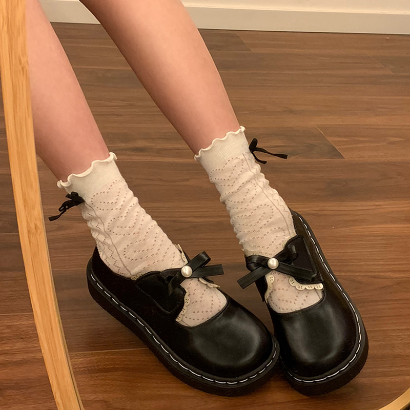 复古珍珠蝴蝶结浅口jk小皮鞋女2025夏季新款日系圆头平底玛丽珍鞋