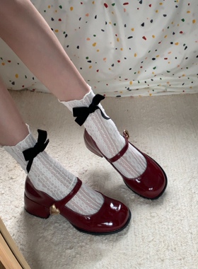 红色法式复古一字带玛丽珍单鞋女2026春季新款高跟鞋粗跟jk小皮鞋