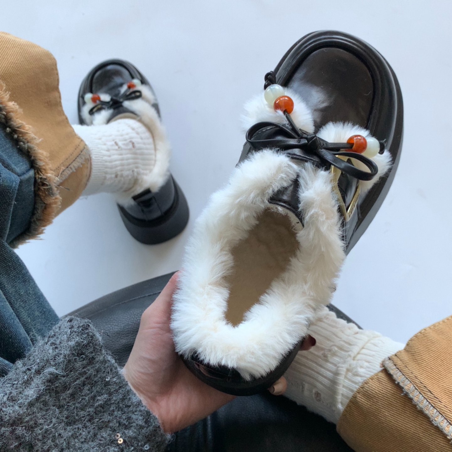 厚底保暖加绒蝴蝶结小皮鞋