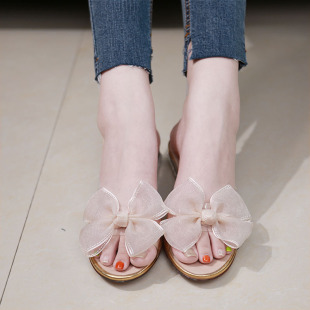 百搭蝴蝶结平跟拖鞋 透明水晶真皮凉拖鞋 2021新款 外穿韩版 女夏时尚