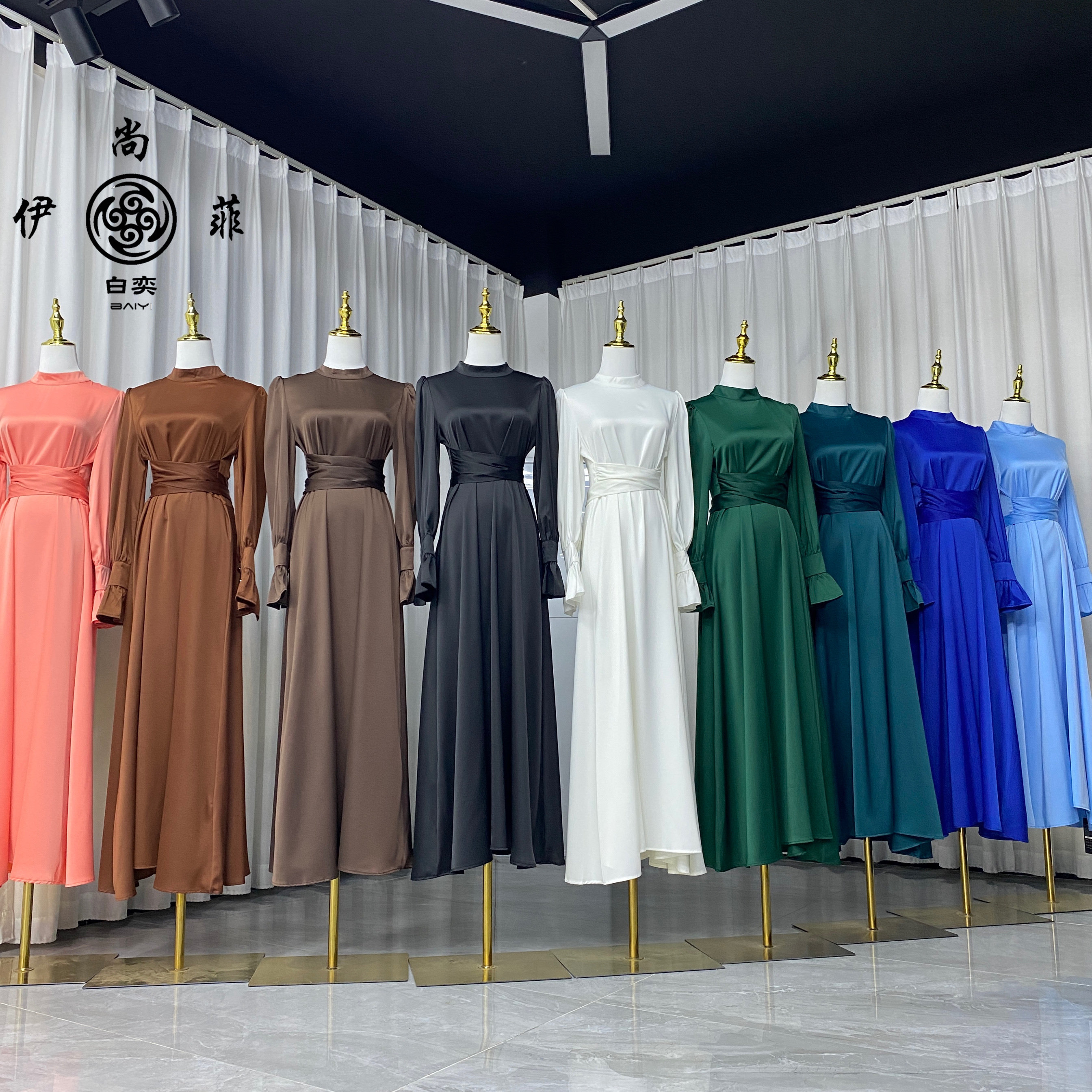 608伊尚菲爆款回族服装喇叭袖束腰显瘦连衣裙高个子长裙礼服裙女
