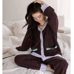 贝妍新款 珊瑚绒睡衣女秋冬季 V领开衫 家居服保暖半边绒美拉德套装