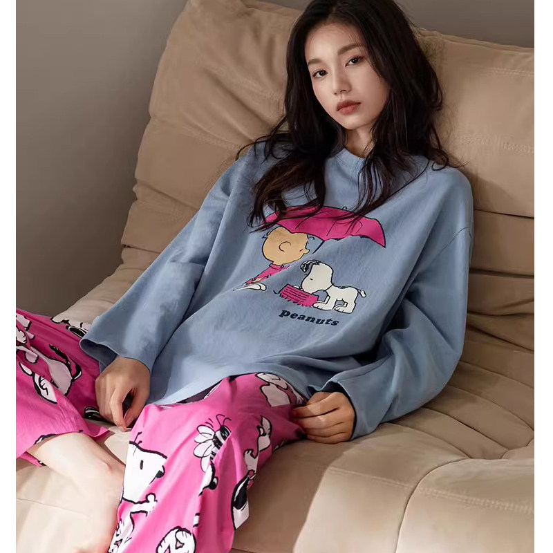 贝妍史努比睡衣女春秋新款圆领长袖套装可爱卡通大码柔软棉家居服