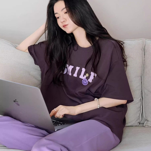 睡衣女夏季 套装 凉感纯棉圆领套头家居服休闲大码 长裤 短袖 贝妍新款