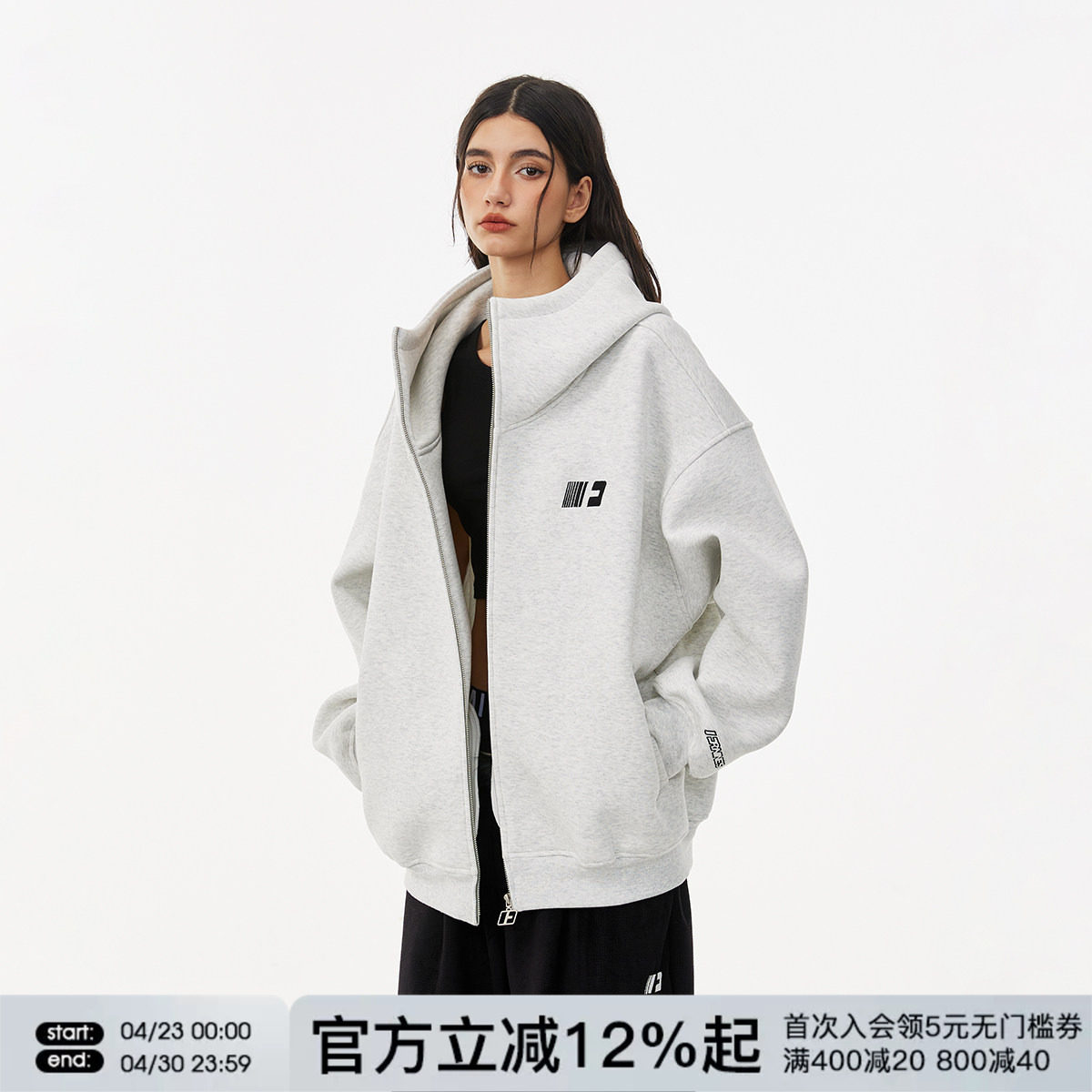 FORNINES刺绣重磅空气层卫衣男女情侣装潮牌高领开衫春季美式外套