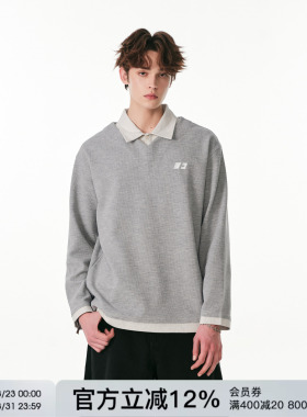 FORNINES假两件华夫格长袖polo衫男款灰色卫衣潮牌春季通勤上衣女